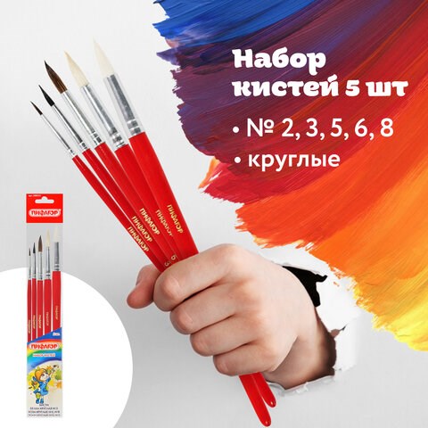 Кисти ПИФАГОР, набор 5 шт. (БЕЛКА: круглая № 3; КОЗА: круглые № 6, 8; ПОНИ: круглые № 2, 5), пакет с европодвесом, 200231 200231 - фото 327231