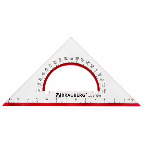 Треугольник пластиковый, угол 45, 13 см, BRAUBERG "Crystal", с транспортиром, прозрачный, с выделенной шкалой, 210293 210293 - фото 327471