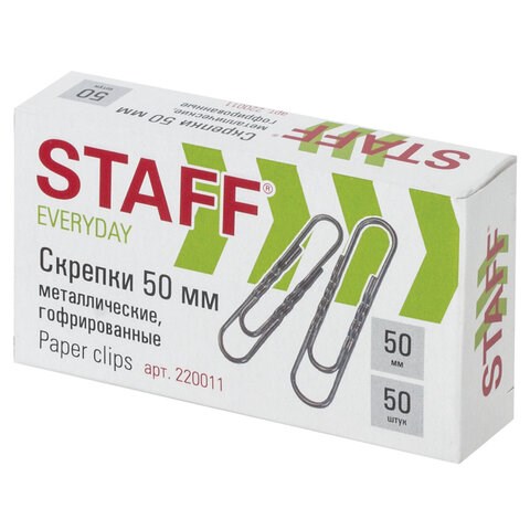 Скрепки большие 50 мм гофрированные 50 шт., STAFF EVERYDAY, металлические, РОССИЯ, 220011 220011 - фото 327624