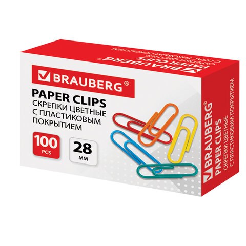 Скрепки BRAUBERG, 28 мм, цветные, 100 шт., в картонной коробке, 220555 220555 - фото 327644