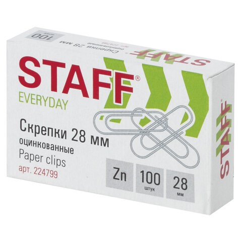 Скрепки STAFF EVERYDAY, 28 мм, оцинкованные, 100 шт., в картонной коробке, 224799 224799 - фото 328032