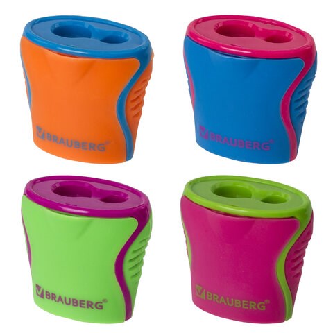 Точилка BRAUBERG Mix Dual, 2 отверстия для чернографитных карандашей (в том числе утолщенных), с контейнером, корпус ассорти, 228449 228449 - фото 328444