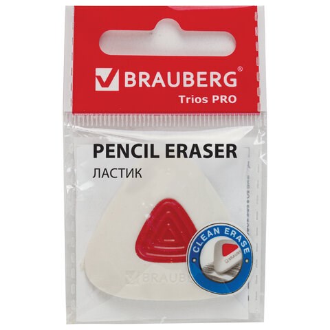Ластик BRAUBERG Trios PRO, 36х36х9 мм, белый, треугольный, красный пластиковый держатель, 229559 229559 - фото 328650