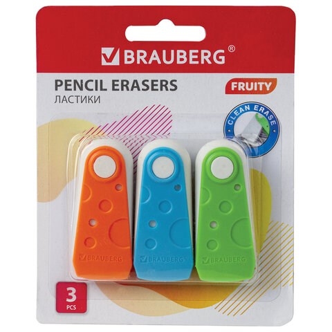 Набор ластиков BRAUBERG "FRUITY" 3 шт., 57х24х15 мм, белые, пластиковый футляр ассорти, 229563 229563 - фото 328653
