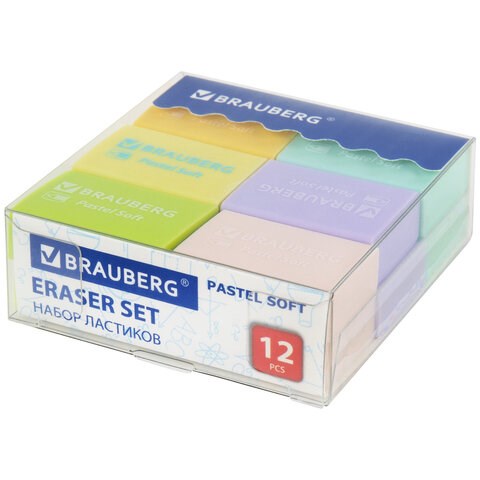 Ластики BRAUBERG "Pastel Soft" НАБОР 12 шт., размер ластика 31х20х10 мм, экологичный ПВХ, 229598 229598 - фото 328676