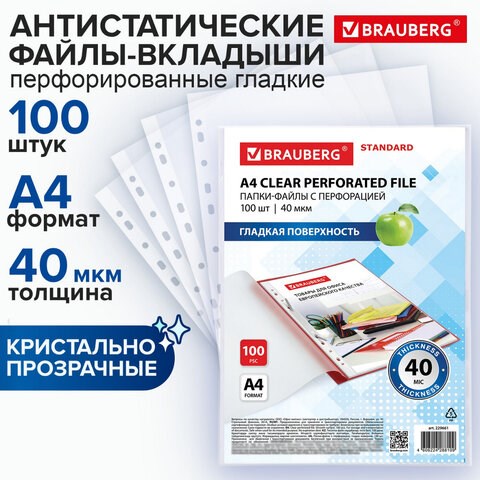 Папки-файлы перфорированные А4 BRAUBERG STANDARD, КОМПЛЕКТ 100 шт., гладкие, 40 мкм, 229661 229661 - фото 328699