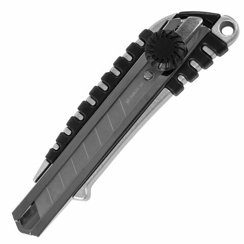 Нож канцелярский 18 мм BRAUBERG Metallic, роликовый фиксатор, резиновые вставки, металл, 237159 237159 - фото 329218