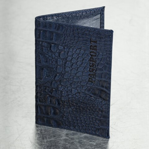 Обложка для паспорта натуральная кожа кайман, "PASSPORT", темно-синяя, BRAUBERG, 237196 237196 - фото 329236