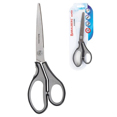 Ножницы BRAUBERG SUPER, 230 мм, серо-черные, 2-х сторонняя заточка, эргономичные ручки, 237297 237297