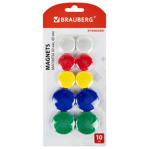Магниты BRAUBERG "STANDARD", НАБОР 30 мм - 6 шт., 40 мм - 4 шт., ассорти, 237471 237471 - фото 329301
