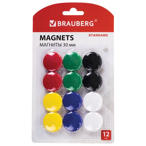 Магниты BRAUBERG "STANDARD" 30 мм, НАБОР 12 шт., ассорти, 237472 237472 - фото 329302