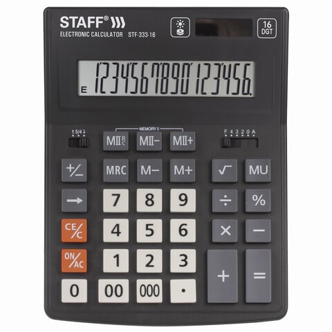 Калькулятор настольный STAFF PLUS STF-333 (200x154 мм), 16 разрядов, двойное питание, 250417 250417 - фото 329757