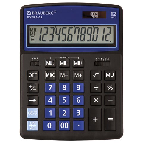 Калькулятор настольный BRAUBERG EXTRA-12-BKBU (206x155 мм), 12 разрядов, двойное питание, ЧЕРНО-СИНИЙ, 250472 250472 - фото 329767