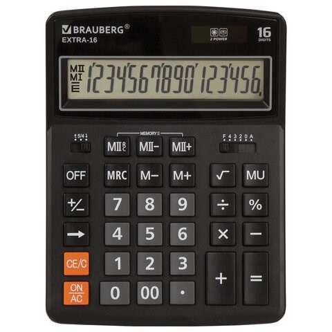 Калькулятор настольный BRAUBERG EXTRA-16-BK (206x155 мм), 16 разрядов, двойное питание, ЧЕРНЫЙ, 250475 250475 - фото 329768