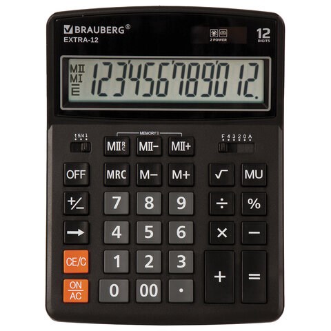 Калькулятор настольный BRAUBERG EXTRA-12-BK (206x155 мм), 12 разрядов, двойное питание, ЧЕРНЫЙ, 250481 250481 - фото 329774