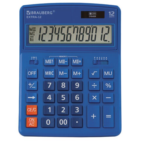 Калькулятор настольный BRAUBERG EXTRA-12-BU (206x155 мм), 12 разрядов, двойное питание, СИНИЙ, 250482 250482 - фото 329775