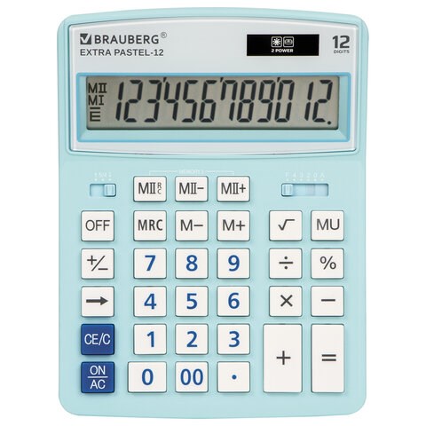 Калькулятор настольный BRAUBERG EXTRA PASTEL-12-LB (206x155 мм), 12 разрядов, двойное питание, ГОЛУБОЙ, 250486 250486 - фото 329779