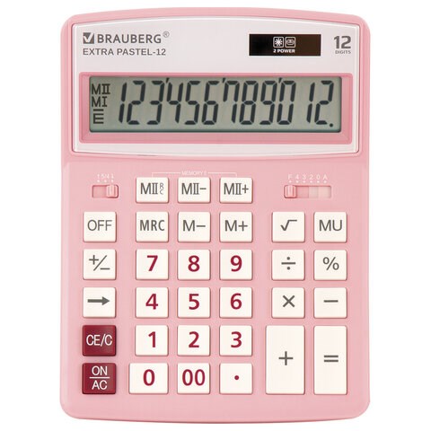 Калькулятор настольный BRAUBERG EXTRA PASTEL-12-PK (206x155 мм), 12 разрядов, двойное питание, РОЗОВЫЙ, 250487 250487 - фото 329780