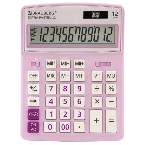 Калькулятор настольный BRAUBERG EXTRA PASTEL-12-PR (206x155 мм), 12 разрядов, двойное питание, СИРЕНЕВЫЙ, 250489 250489 - фото 329782