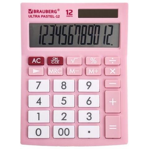 Калькулятор настольный BRAUBERG ULTRA PASTEL-12-PK (192x143 мм), 12 разрядов, двойное питание, РОЗОВЫЙ, 250503 250503 - фото 329791