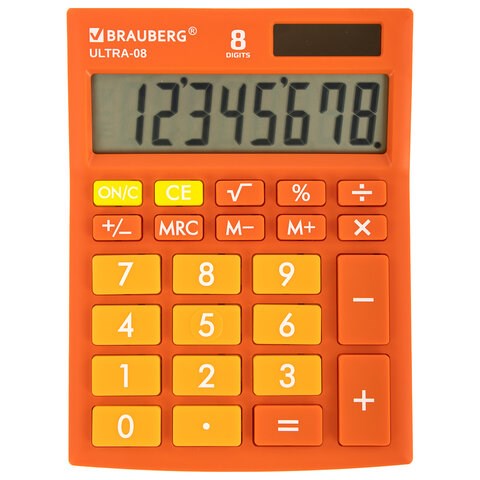 Калькулятор настольный BRAUBERG ULTRA-08-RG, КОМПАКТНЫЙ (154x115 мм), 8 разрядов, двойное питание, ОРАНЖЕВЫЙ, 250511 250511 - фото 329798