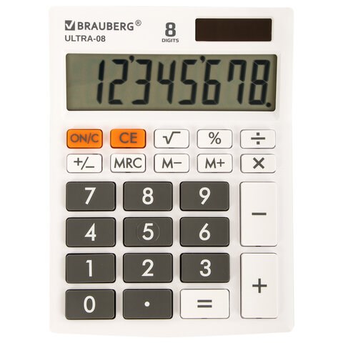 Калькулятор настольный BRAUBERG ULTRA-08-WT, КОМПАКТНЫЙ (154x115 мм), 8 разрядов, двойное питание, БЕЛЫЙ, 250512 250512 - фото 329799