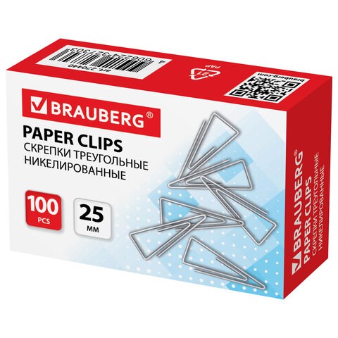 Скрепки BRAUBERG, 25 мм, никелированные, треугольные, 100 шт., в картонной коробке, 270440 270440 - фото 329892