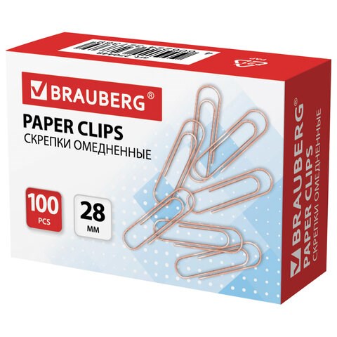 Скрепки BRAUBERG, 28 мм, омедненные, 100 шт., в картонной коробке, 270448 270448 - фото 329899