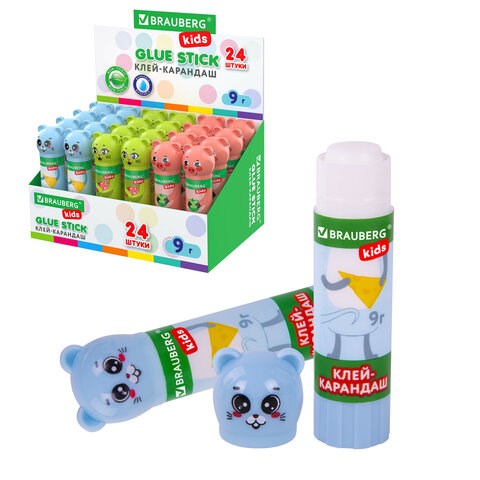 Клей-карандаш Зверята: кошка, мышка, хрюшка, 9 г, фигурный колпачок, BRAUBERG KIDS, 271138 271138 - фото 330059