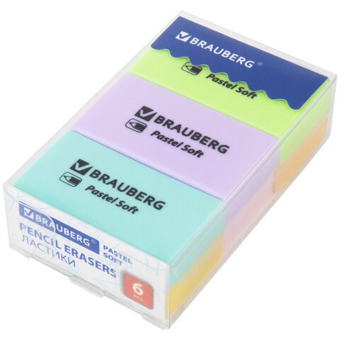 Ластики BRAUBERG PASTEL SOFT НАБОР 6 шт., размер ластика 45х25х10 мм, экологичный ПВХ, 271340 271340 - фото 330125