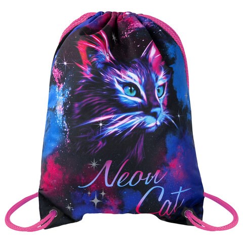 Мешок для обуви BRAUBERG PREMIUM, карман, подкладка, светоотражайка, 43х33 см, "Neon cat", 271621 271621 - фото 330205