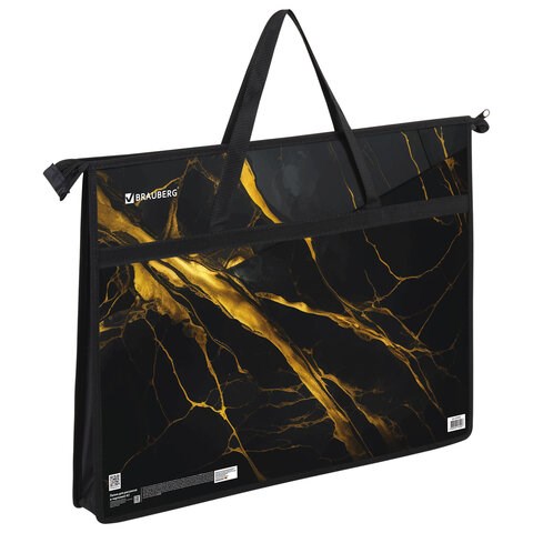 Папка для рисунков и чертежей с ручками BRAUBERG А3, пластик, молния сверху, "Black&gold marble", 272232 272232 - фото 330413