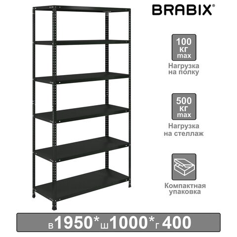 Стеллаж металлический BRABIX ГРАФИТ MS KD-195/40-6, лофт, 1950х1000х400 мм, 6 полок, 291272 291272 - фото 331181