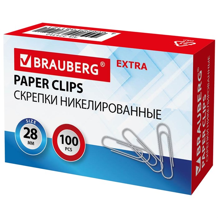 Скрепки EXTRA BRAUBERG 28 мм никелированные 100 штук, 271312 271312 - фото 33227