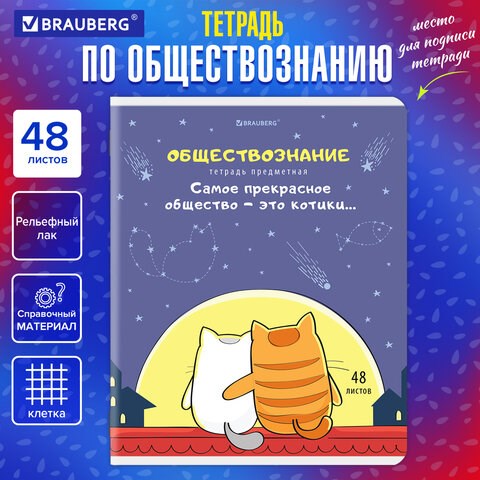 Тетрадь предметная "КОТ-ЭНТУЗИАСТ" 48 л., TWIN-лак, ОБЩЕСТВОЗНАНИЕ, клетка, подсказ, BRAUBERG, 404557 404557 - фото 334205