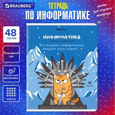 Тетрадь предметная "КОТ-ЭНТУЗИАСТ" 48 л., TWIN-лак, ИНФОРМАТИКА, клетка, подсказ, BRAUBERG, 404562 404562 - фото 334210