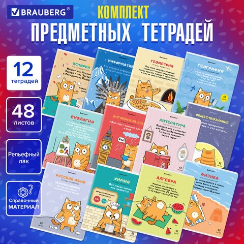 Тетради предметные, КОМПЛЕКТ 12 ПРЕДМЕТОВ, 48 л., TWIN-лак, BRAUBERG, "КОТ-ЭНТУЗИАСТ", 404609 404609 - фото 334225