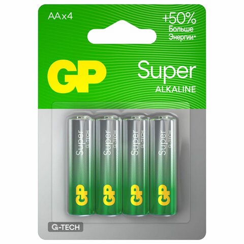 Батарейки КОМПЛЕКТ 4 шт., GP Super, AA (LR6, 15А), алкалиновые, пальчиковые, блистер 450434 - фото 334458