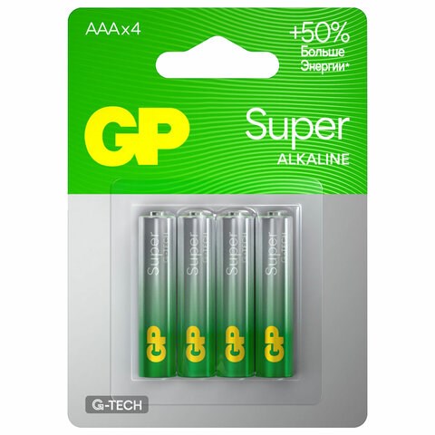 Батарейки КОМПЛЕКТ 4 шт., GP Super, AAA (LR03, 24А), алкалиновые, мизинчиковые, блистер, 24A-2CR4 450436 - фото 334459