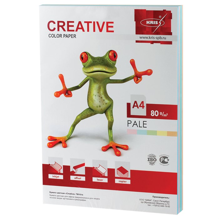 Бумага цветная CREATIVE color (Креатив) А4, 80 г/м2, 250 л., (5 цветов х 50 листов), микс пастель, БПpr-250r 110503 - фото 334622