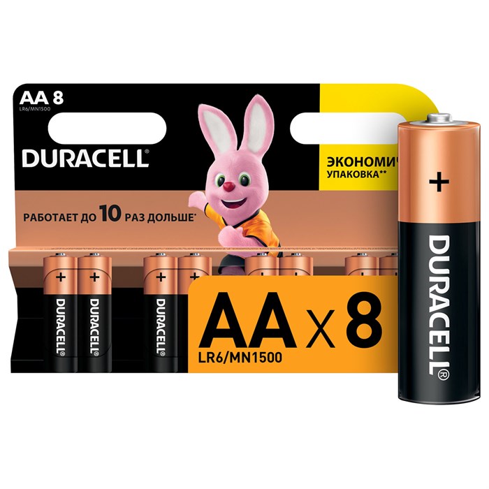 Батарейки КОМПЛЕКТ 8 шт., DURACELL Basic ОРИГИНАЛ, AA (LR6, 15А), алкалиновые, пальчиковые 450431 - фото 334859