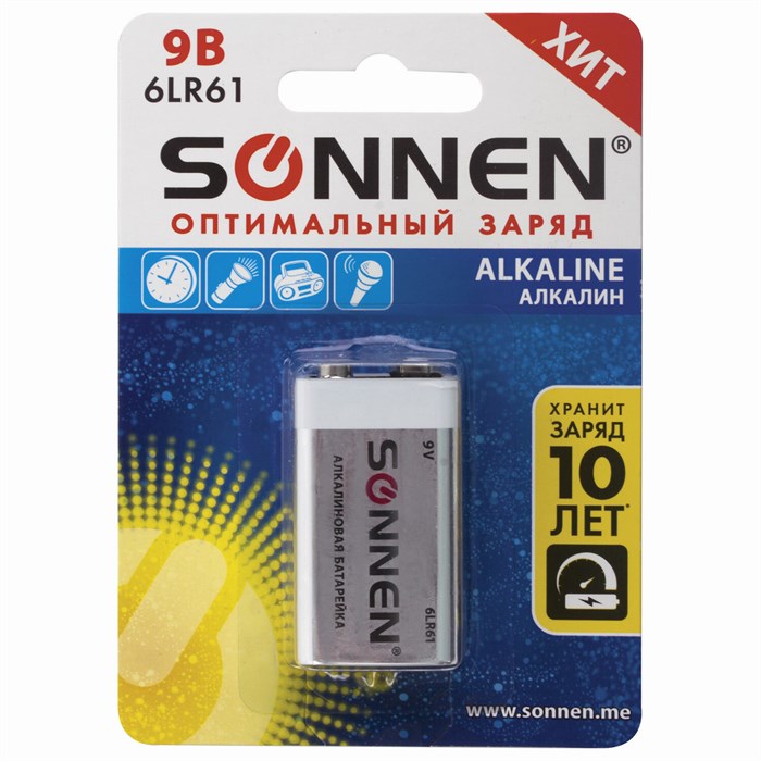 Батарейка SONNEN Alkaline, Крона (6LR61, 6LF22, 1604A), алкалиновая, 1 шт., блистер, 451092 451092 - фото 334960