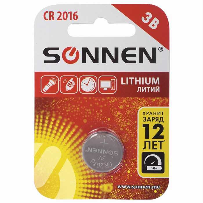 Батарейка литиевая SONNEN Lithium CR2016 "таблетка, дисковая, кнопочная" 1 шт., блистер, 451972 451972 - фото 335366