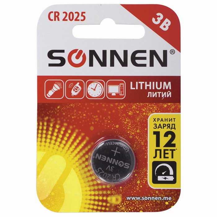 Батарейка литиевая SONNEN Lithium CR2025 "таблетка, дисковая, кнопочная" 1 шт., блистер, 451973 451973 - фото 335374