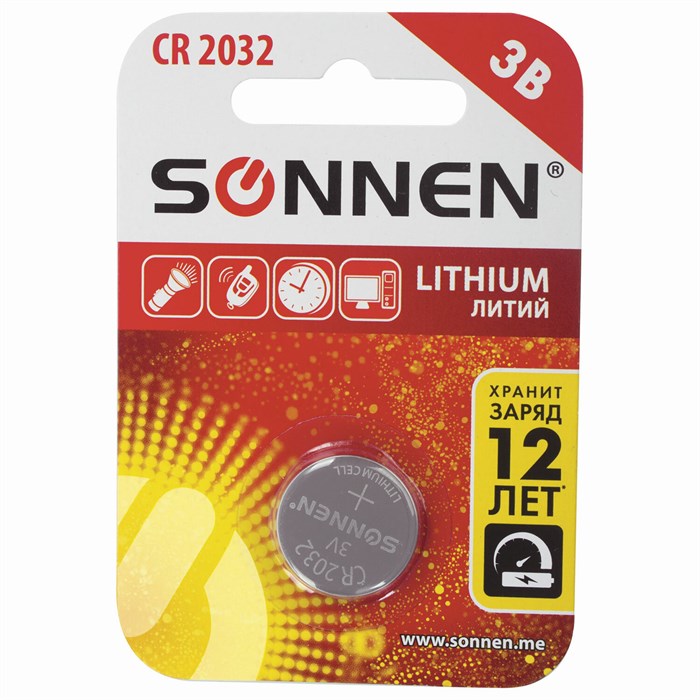 Батарейка литиевая SONNEN Lithium CR2032 "таблетка, дисковая, кнопочная" 1 шт., блистер, 451974 451974 - фото 335382