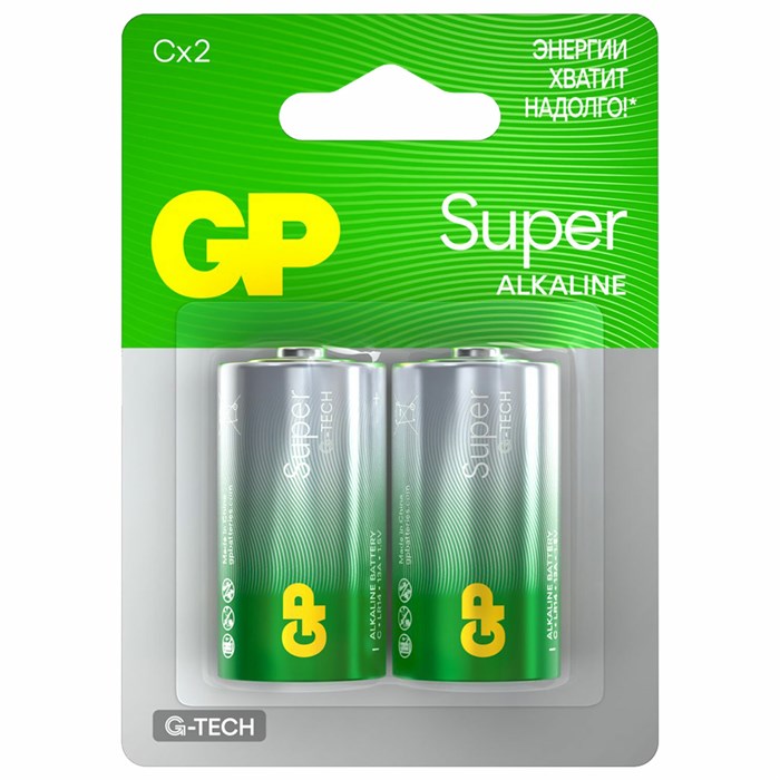 Батарейки КОМПЛЕКТ 2 шт., GP Super G-Tech, С (LR14, 14А), алкалиновые, блистер, 14A-2CR2 454091 - фото 335502
