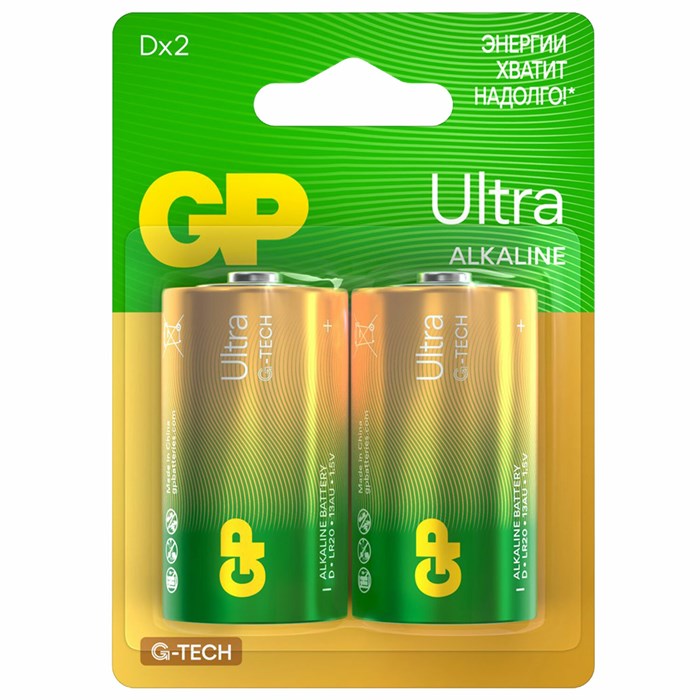 Батарейки КОМПЛЕКТ 2 шт., GP Ultra G-Tech, D (LR20, 13А), алкалиновые, блистер, 13AU-CR2 454092 - фото 335511