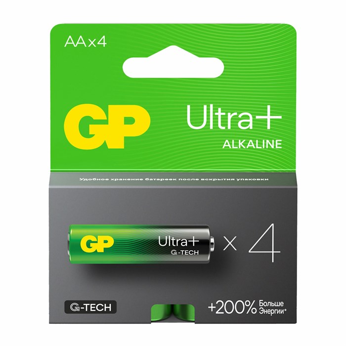 Батарейки КОМПЛЕКТ 4 шт., GP Ultra Plus G-Tech, AA (LR6), алкалиновые, пальчиковые, 15AUPA21-2CRSB4 454095 - фото 335534