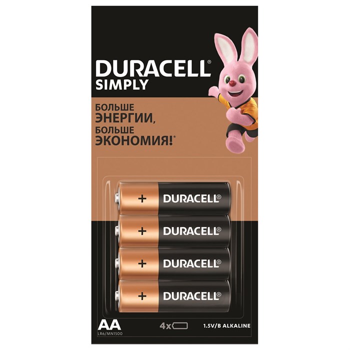 Батарейки КОМПЛЕКТ 4 шт. (отрывной блок) DURACELL Simply ОРИГИНАЛ, AA (LR6, 15А), алкалиновые, пальчиковые 455043 - фото 336010