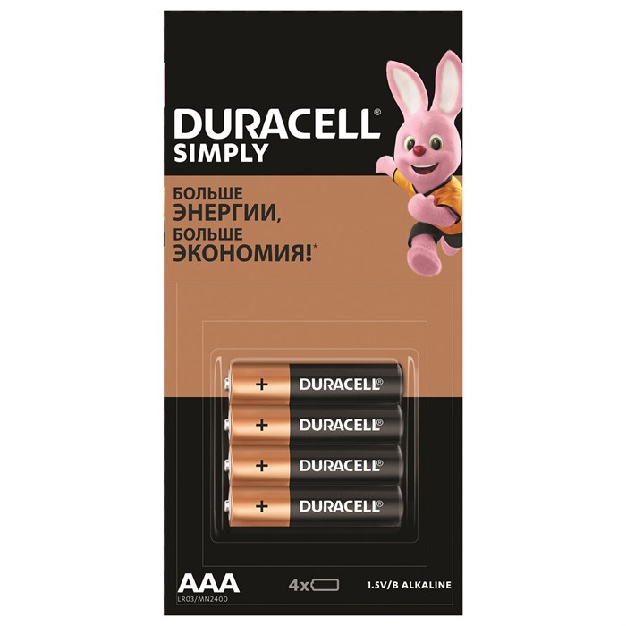 Батарейки КОМПЛЕКТ 4 шт. (отрывной блок), DURACELL Simply ОРИГИНАЛ, AAA (LR03,24А), алкалиновые, мизинчиковые 455044 - фото 336013